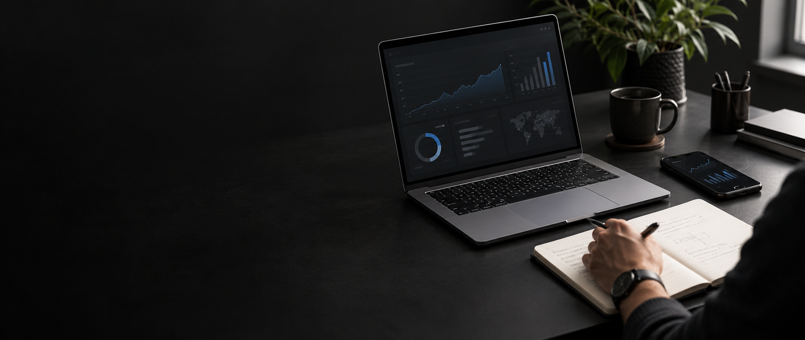 Digital strategist working beside a laptop, smartphone, and notebook on a dark desk.