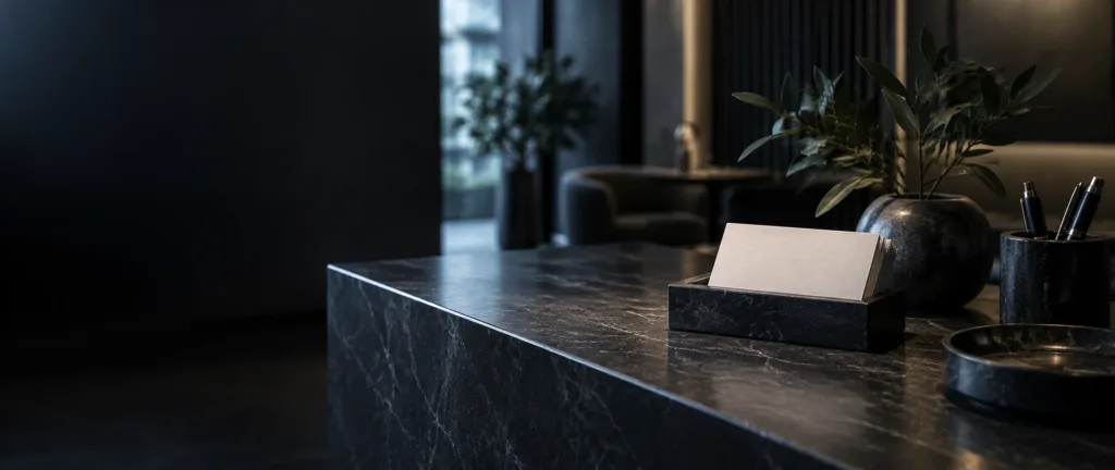Quiet dark clinic reception desk with a card holder and a plant, lit by soft blue light