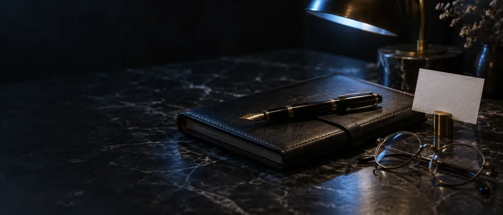Dark marble counter at night with a closed black leather folio, a fountain pen resting on it, folded wire-rim reading glasses and a blank place card in a small brass holder under soft blue lamp light