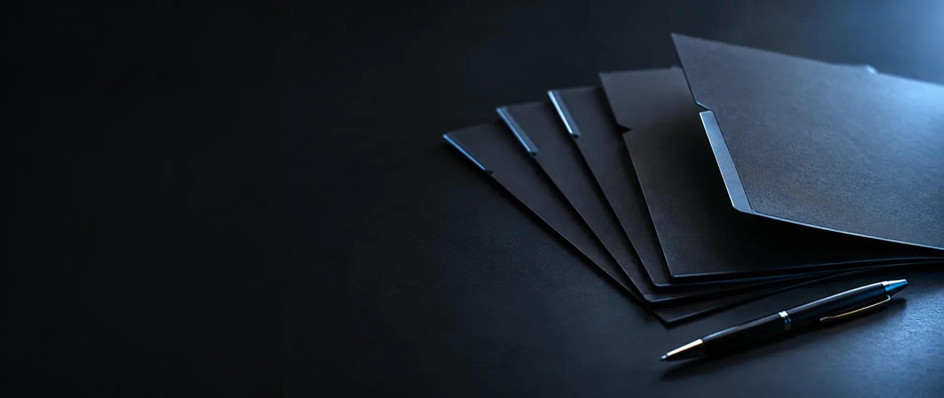 Fanned dark paper folders with a pen on a charcoal surface, lit by a pale blue edge light