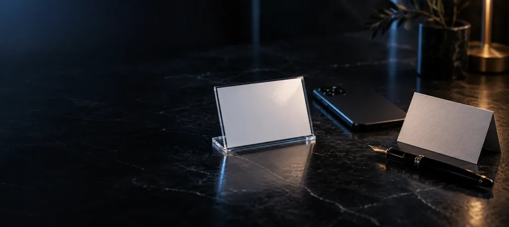 Dark marble counter at night with a blank card in a clear acrylic stand, a phone lying face down and a folded blank note card beside a fountain pen under soft blue light