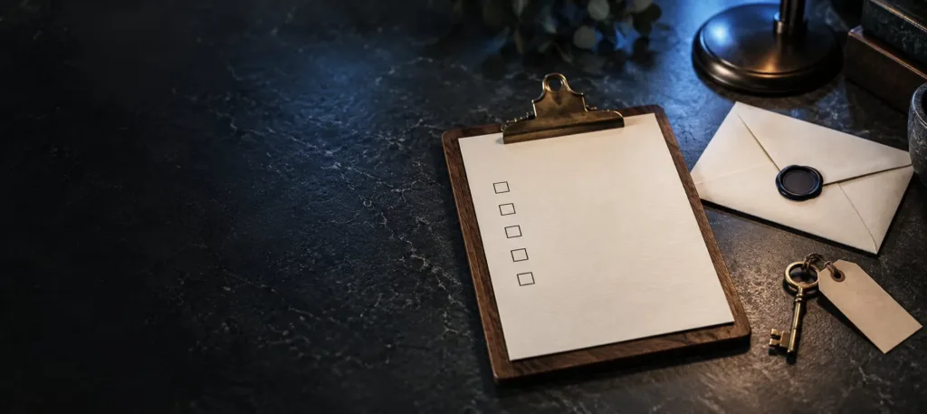 Dark stone desk with a wooden clipboard holding a blank sheet with five empty checkboxes, a white envelope sealed with navy wax, and a brass key on a blank paper tag beside a desk lamp under soft blue light